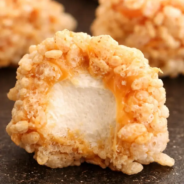 Caramel marshmallow rice krispie balls ready to be served as a sweet treat.