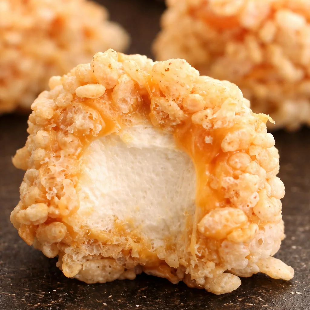 Caramel marshmallow rice krispie balls ready to be served as a sweet treat.