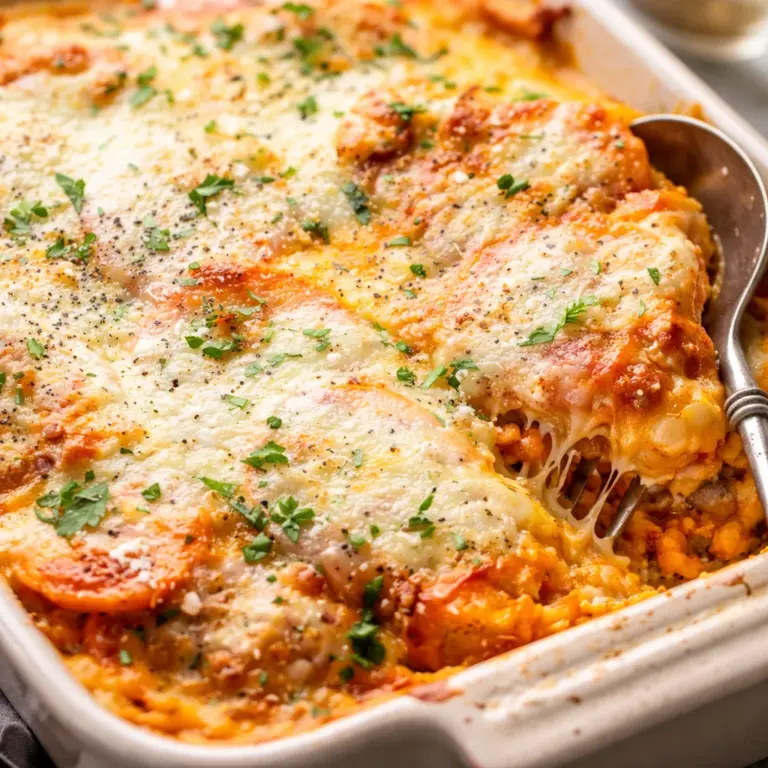 Hot sausage sweet potato lasagna with layers of ricotta and savory spices.