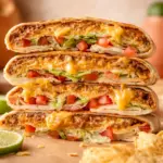 Delicious homemade Crunch Wrap Supreme with beef, nacho cheese, and fresh toppings.