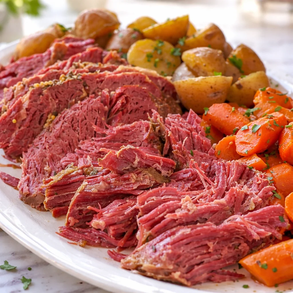 Tender slow cooker corned beef with vegetables in a crockpot.